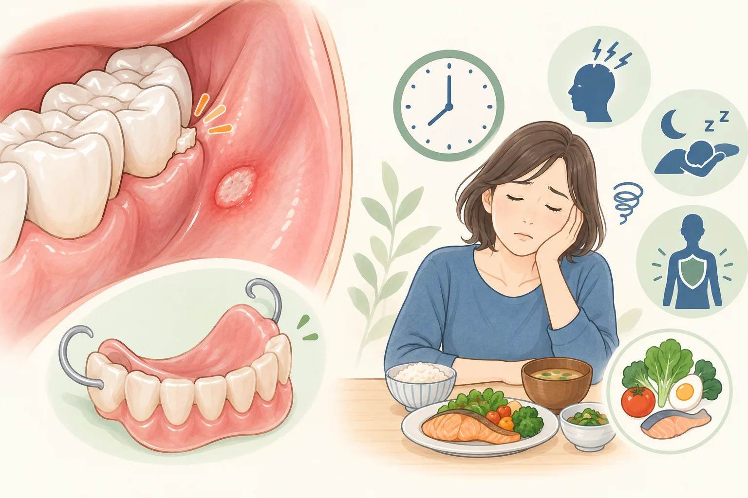 歯や入れ歯による刺激と、疲労や食生活などの要因を示すイラスト