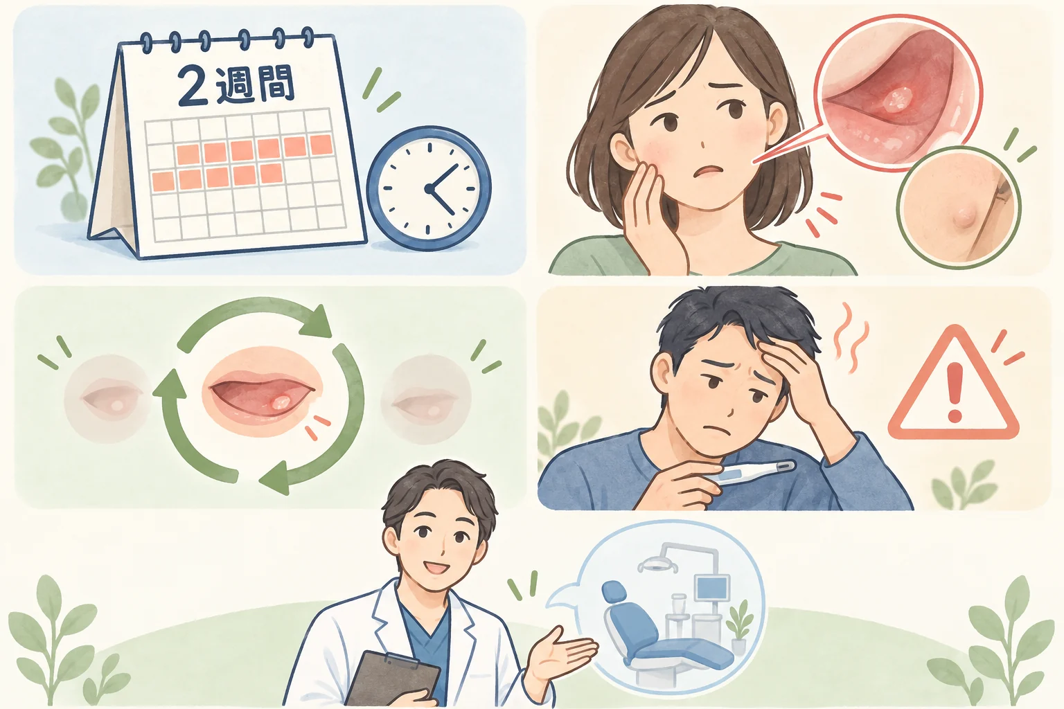 2週間以上続く口内炎、硬さや繰り返し、発熱について受診を促すイラスト