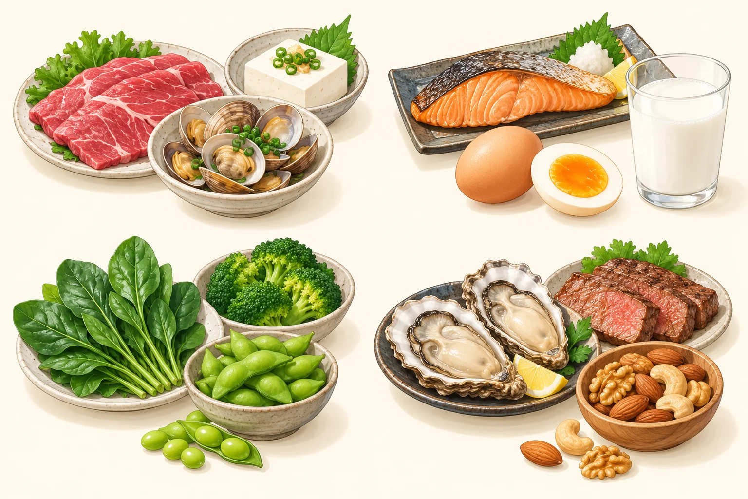 鉄を含む肉やあさり、B12を含む魚や卵、葉酸を含む野菜、亜鉛を含む牡蠣やナッツのイラスト