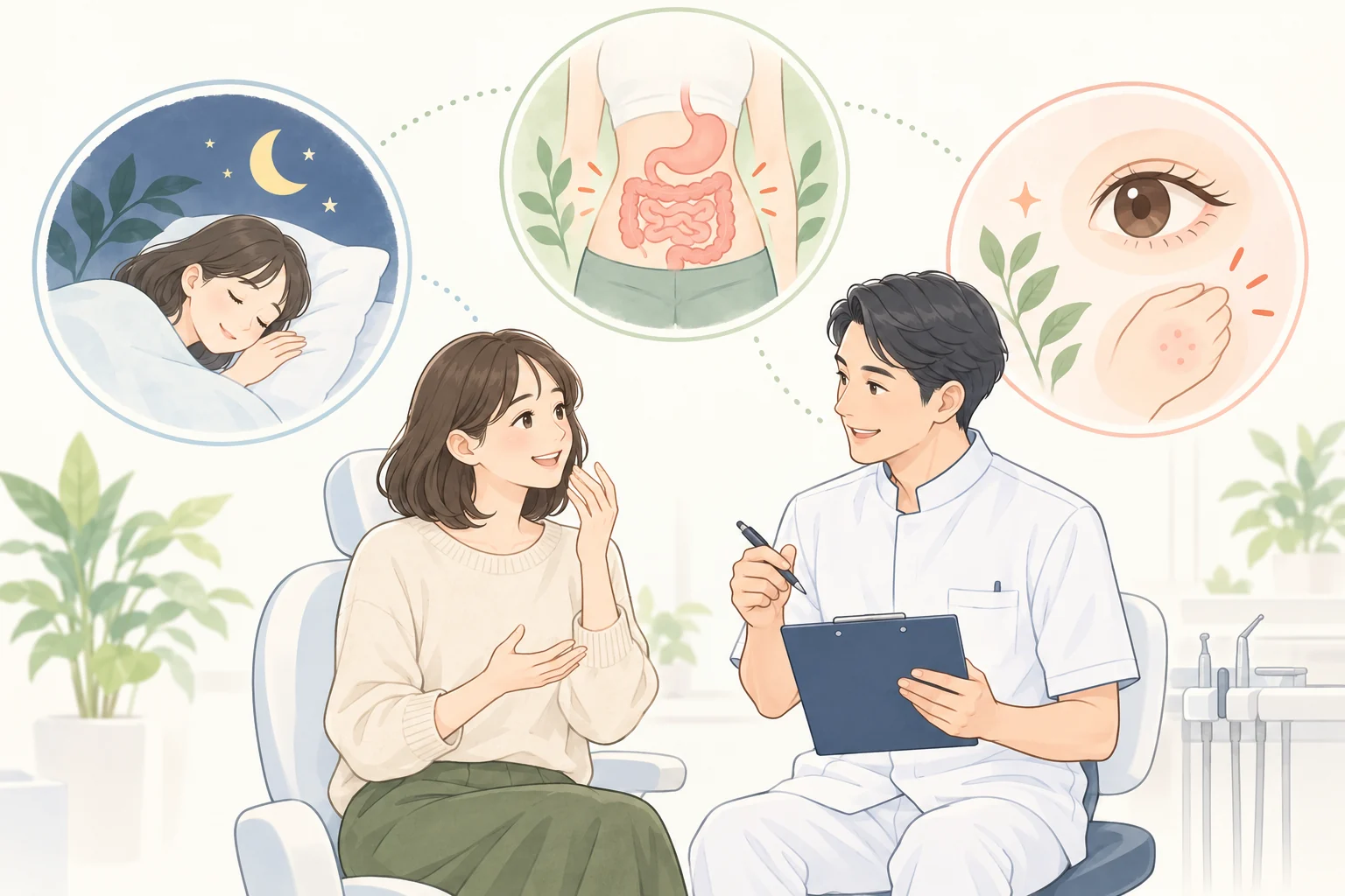患者が歯科医師に相談し、睡眠やお腹、目や皮膚の症状も確認するイラスト